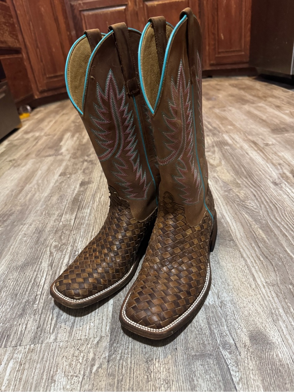 Macie Bean Brown Woven Leather Western Boots with Turquoise Trim